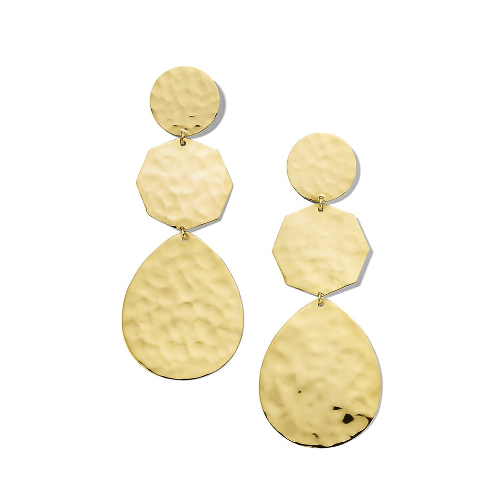 18K Gold Hammered Multi-Shape Drop Earrings - Front View, Three Geometric Plates | IPPOLITA