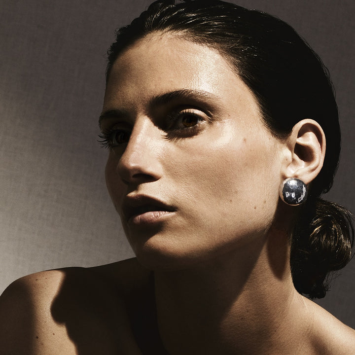 Silver Hammered Button Stud Clip Earrings - On Model | IPPOLITA
